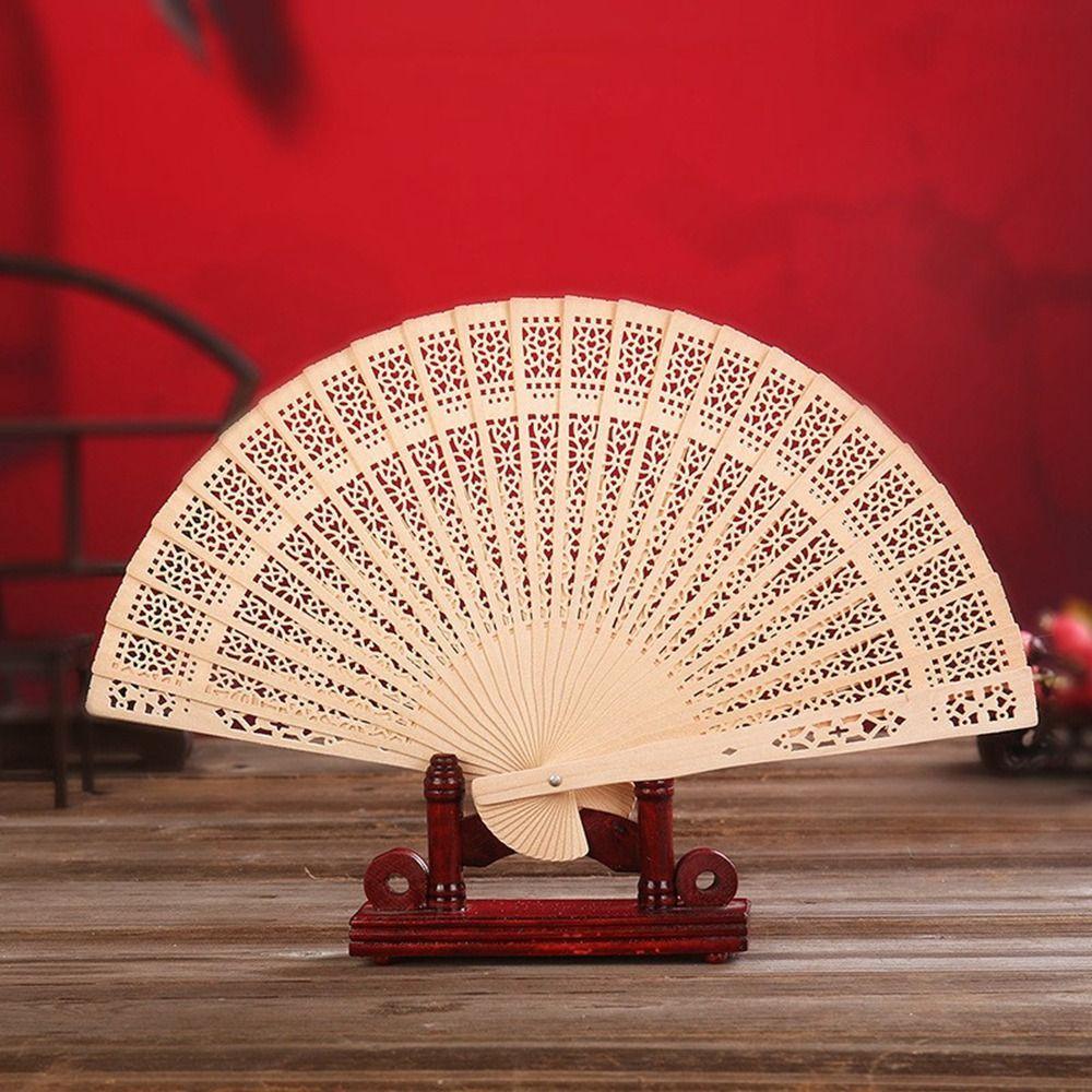Vintage Bamboo Folding Fan Engraved Hollow Wooden Fan New Hand Held Fan  Women