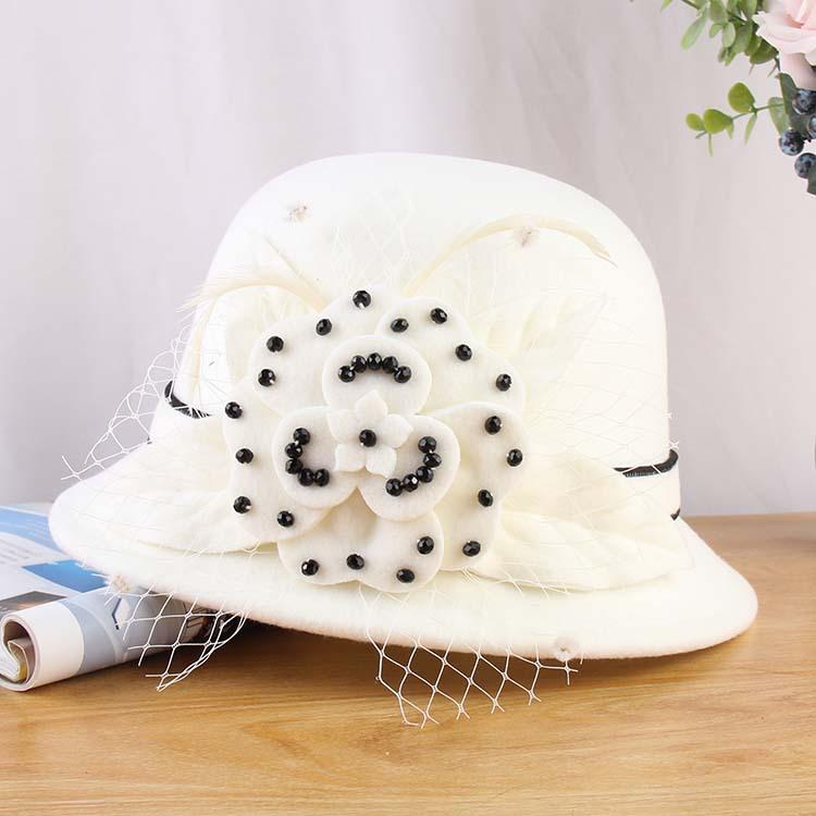 New Hat Ladies Korean Version Bowler Hat Handmade Beaded Woolen Woolen Pot Hat Autumn And Winter Warm Bucket Hat