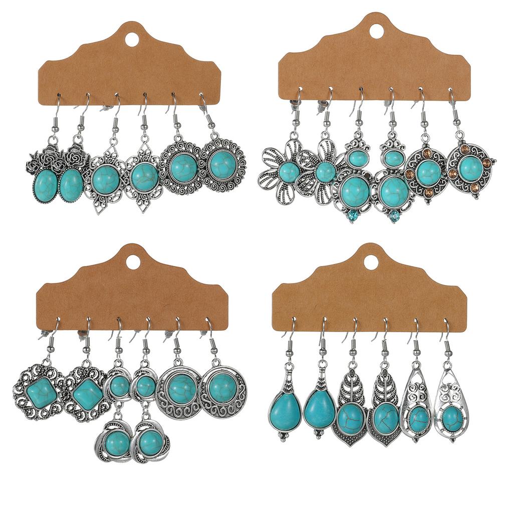 3 Pairs of Retro Hollowed Out Flower Inlaid Turquoise Water Droplet Pendant Geometric Earrings, Fashionable and Versatile