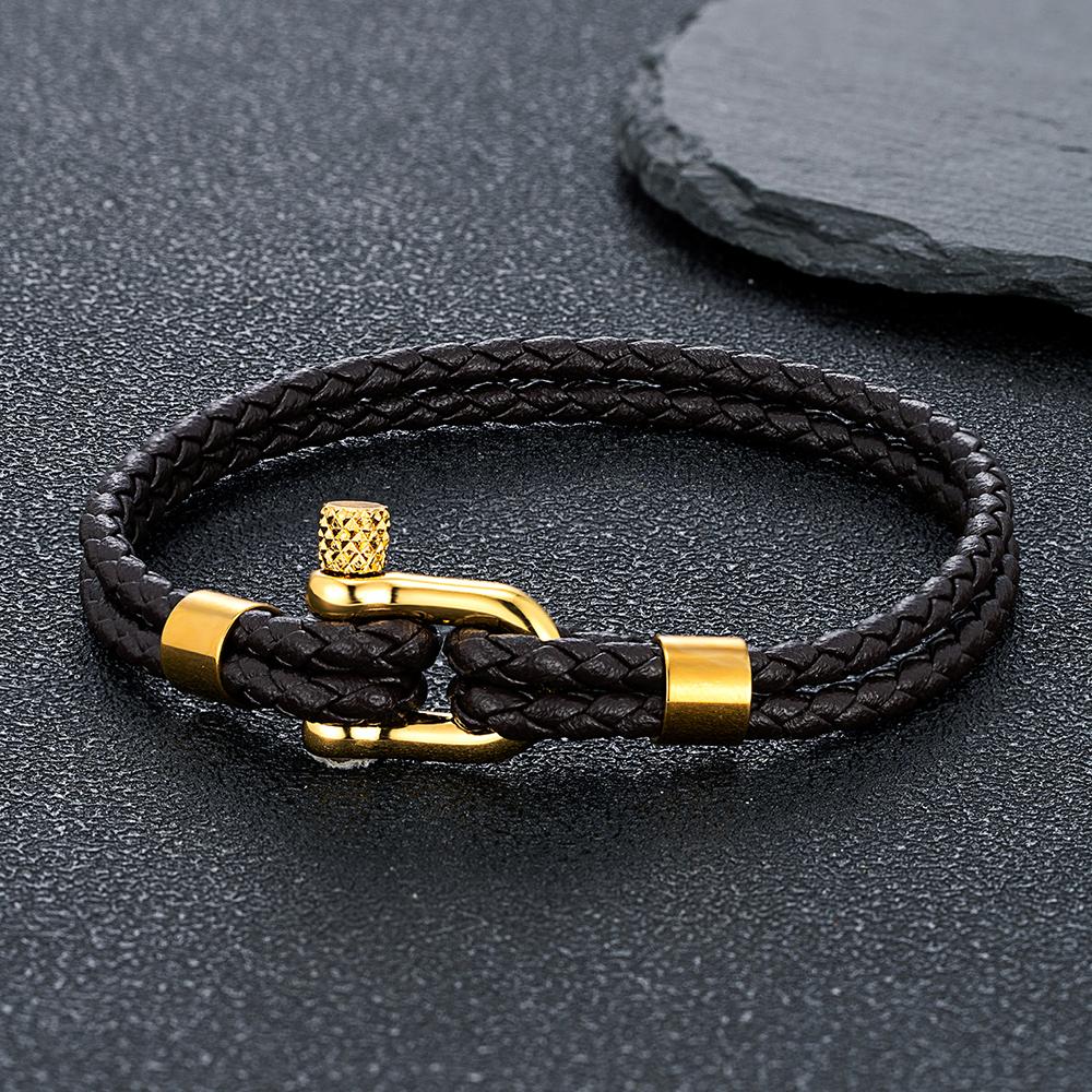 Gold Plated Stainless Steel Shackle Bracelet Men Women Simple Double Layer Braided Blue Leather Bracelets Handmade Gifts