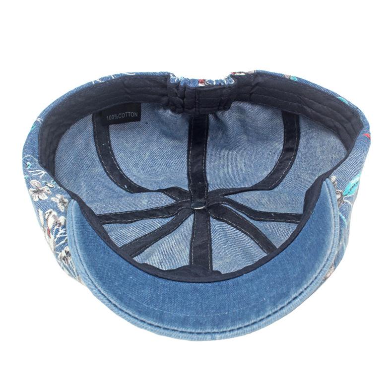 Baskenmütze für Damen, Denim-Druck, floraler achteckiger Hut, bemalter Hut, britischer Forward-Hut, Newsboy-Mütze