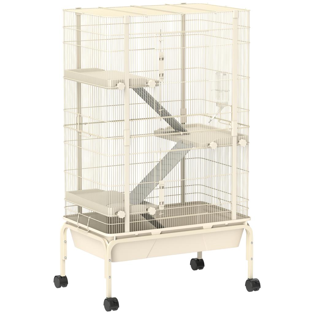4-Level Rolling Small Animal Cage, Rabbit Cage with 3 Ramps, Water Bottle, Food Dish, 15cm Deep Tray, Beige
