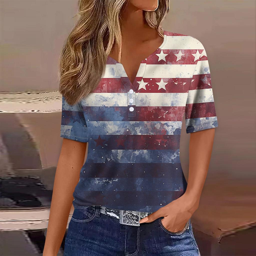 Women's T Shirt Tee Print Button Short Sleeve Daily Weekend Fashion Basic V- Neck Regular Top