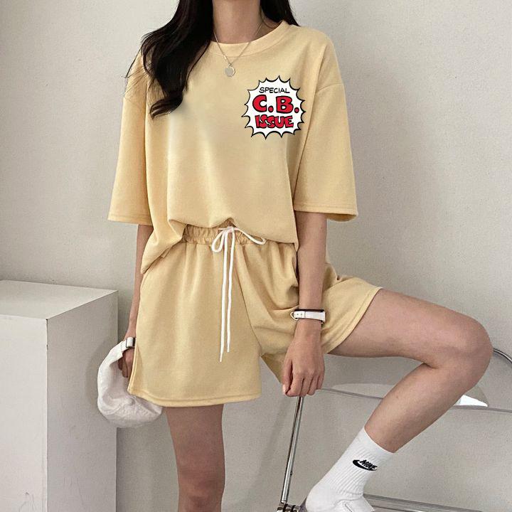 Women summer Casual Sports Loose Short Sleeve Top & Shorts Letter Printed Cotton Outfit  Two Piece Clothes Set