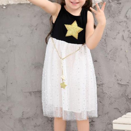 Bezrukávové šaty so zlatou potlačou hviezd, mäkké, naťahovacie, pre dievčatá, sieťované šitie, na dovolenku