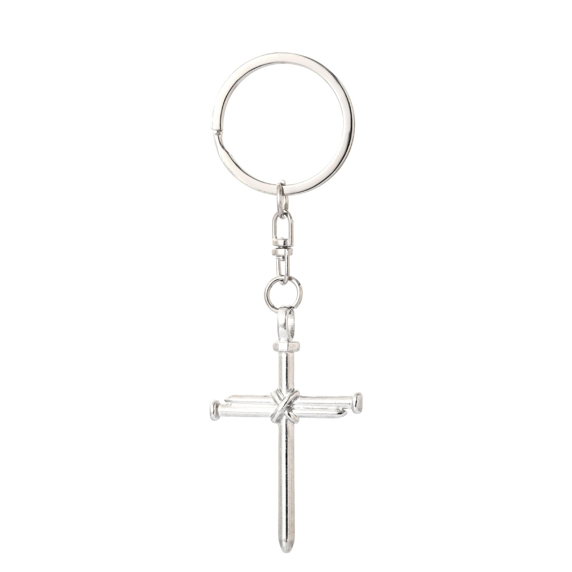 

Nail Cross Stainless Steel Keychain Punk Personality Design Fashion Metal Pendant Practical Student Bag Gift
