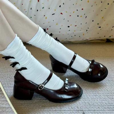 Französische Mary Jane Schuhe leichte Öffnung einzelne Schuhe Frühling Retro College Stil dicker Absatz Schleife runde Spitze JK kleine Lederschuhe
