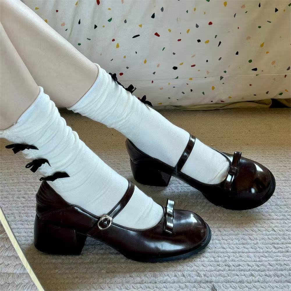 French Mary Jane Shoes Light Mouth Single Shoes Spring Retro College Style Thick Heel Bow Round Head JK Small Leather Shoes