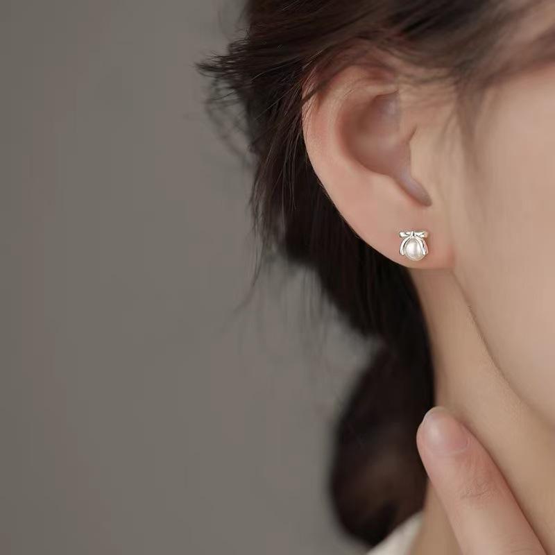 Real 925 Silver Bowknot Pearl Mini Stud Earrings For Women Party Classic Fine Jewelry Small Niche Accessories