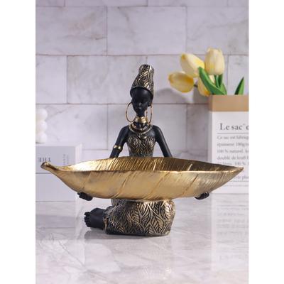 Escultura de Niña Africana Sosteniendo un Plato, Adorno Decorativo de Almacenamiento para Hogar y Oficina, Artesanía Coleccionable Vintage Decoración de Escritorio