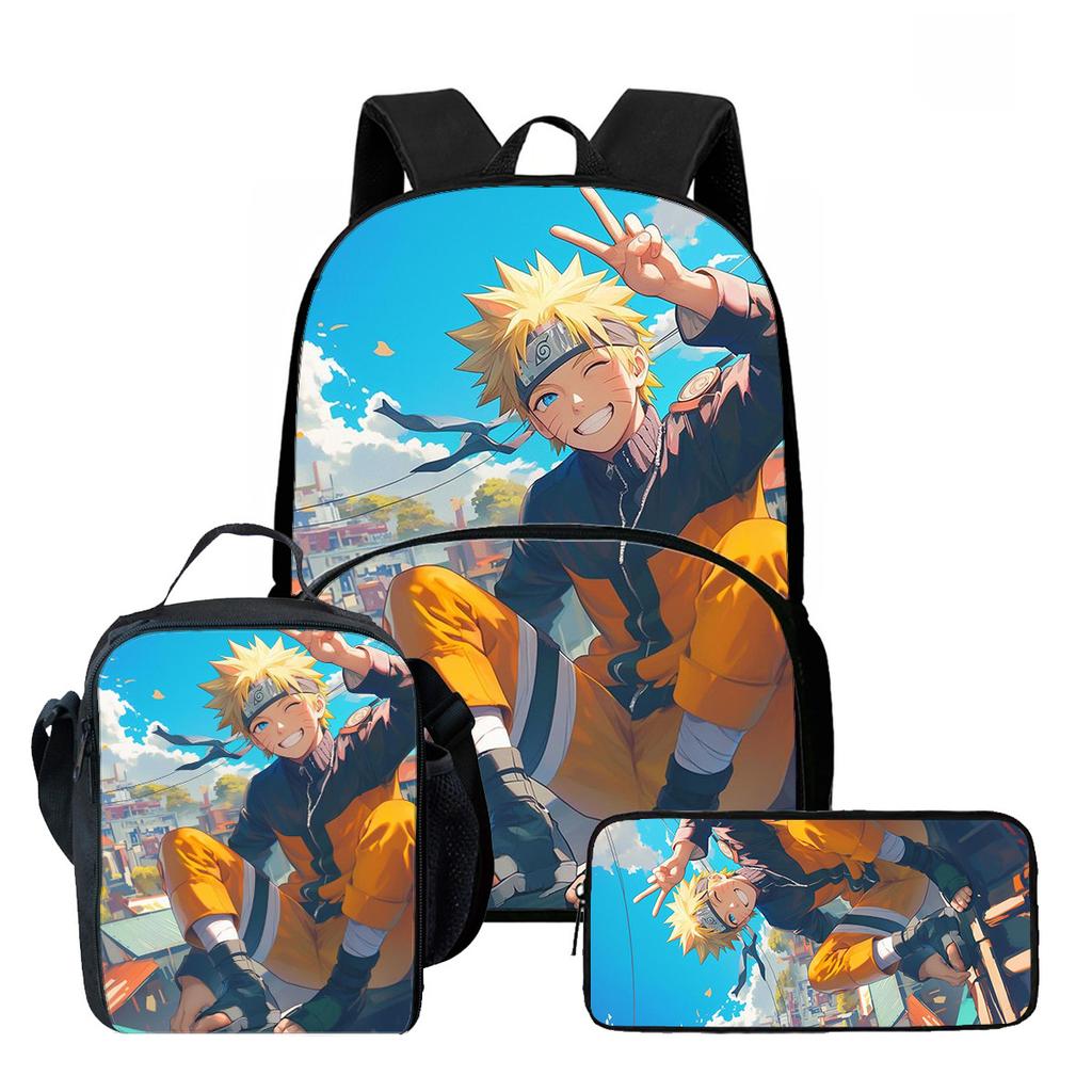 NARUTO Cartoon 3Pcs School Kit Durable Lightweight Backpack Front Pocket Lunch Bag Pencil Pouch For Kids Boys Girls Age 5-10