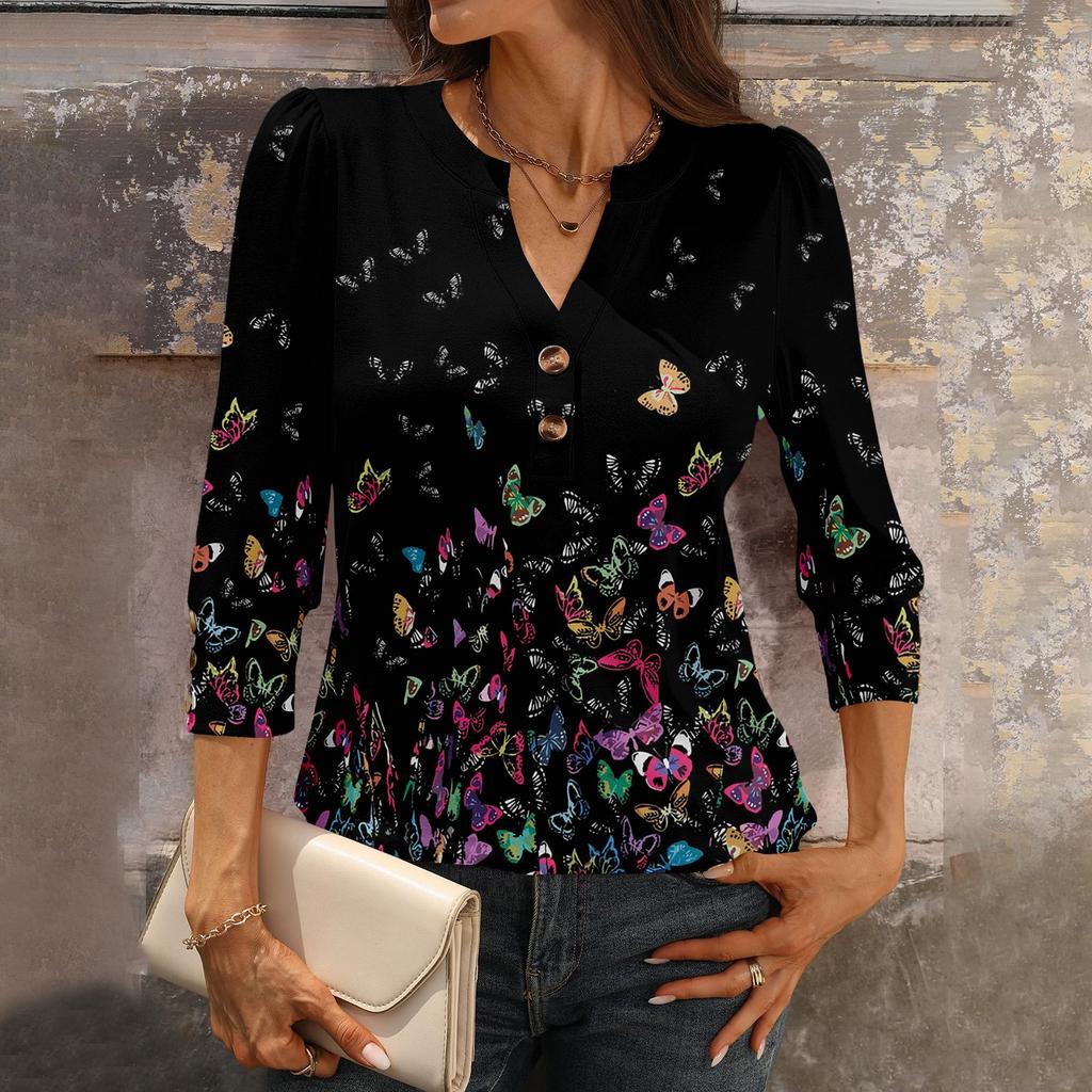 women's retro printed loose 7,inch sleeve top