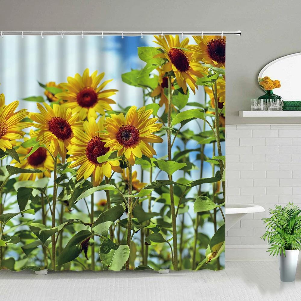Sunflower Flower Wood Grain Plant Scenery Bathroom Shower Curtain Cactus Butterfly Bee Floral Landscape Bath Curtains With Hooks
