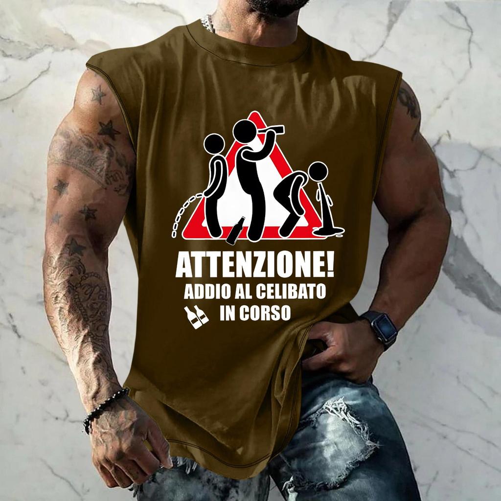 Men's Casual Loose Fit Sleeveless T Shirt Bachelor Party Graphic Print Warning Sign Design Summer Top for Outdoor Activities