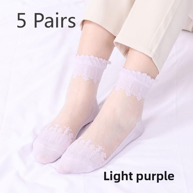 5 Pairs of Women's Spring Thin Mid Cylinder Cotton Sole Lace Lace Socks
