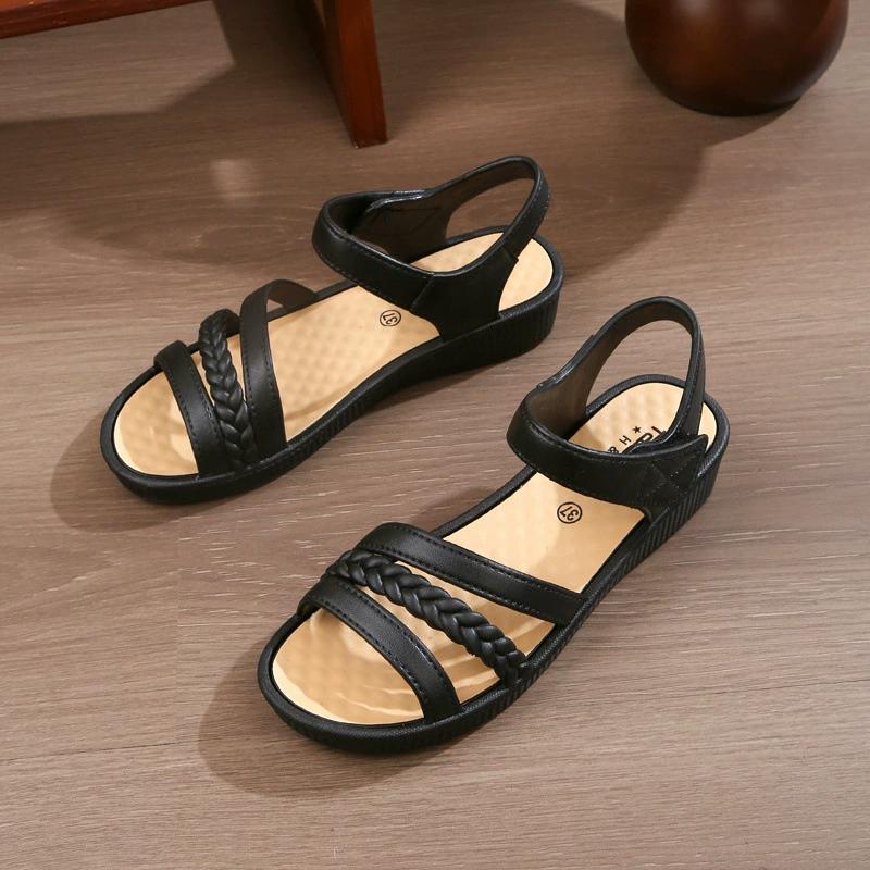 Sandals Women's Outer Wear Summer Soft-soled Non-slip Wedge-heeled Flat-bottomed Beach Work Shoes Mid-heel Mother Women's Sandals
