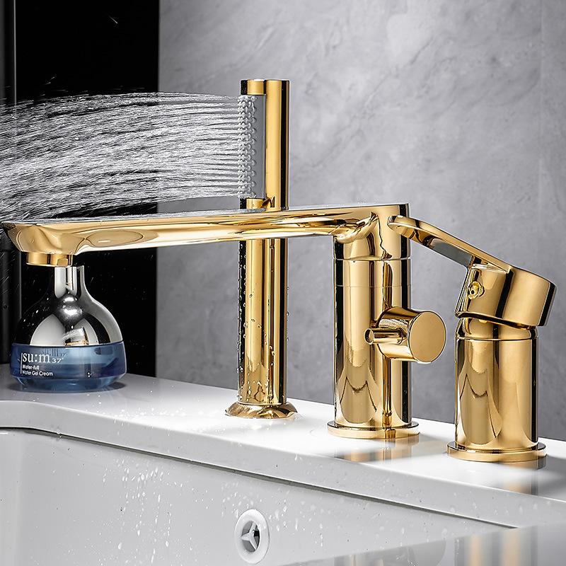 Brushed Gold Bathroom Widespread Basin Faucets Soild Brass Sink Mixer Hot & Cold Lavatory Crane Vessel 3 Holes With Spray Black