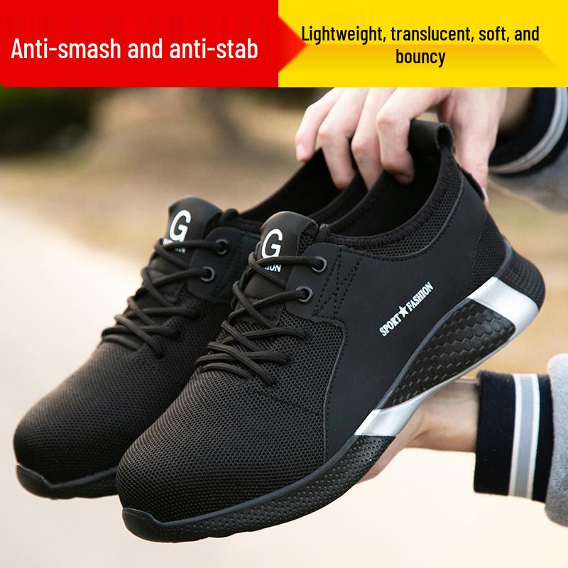 Men s Lightweight Breathable Anti-Smash/Puncture Flyknit Slip-On Safety Work Shoes