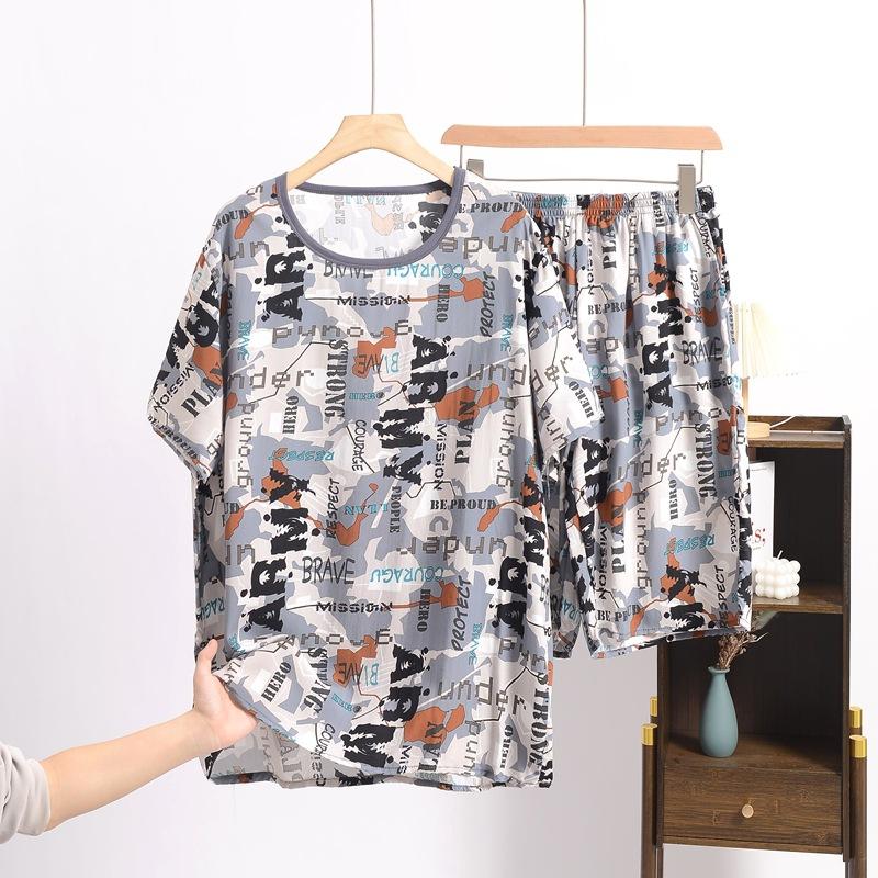 Summer Men's Cotton and Silk Pajamas, Short-sleeved, Large-sized Loose Casual Printed Home Wear, Can Be Worn As An Outer Suit