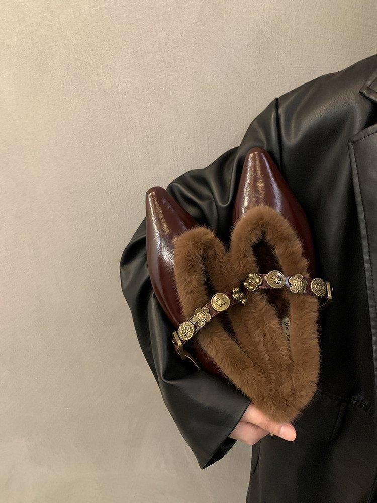 French Temperament Leopard Print Fluffy Slippers Women's Shoes 2025 New Autumn and Winter Bag Head Half Slippers Velvet Cotton Shoes