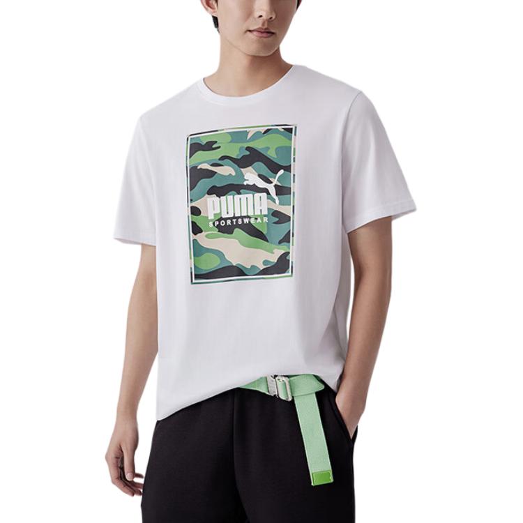 Puma BOX LOGO T Shirts Men's White Crew Neck Moderate Straight Fit 683438-02