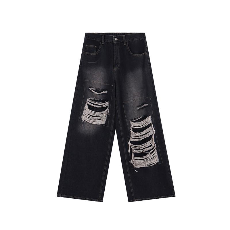 Summer Street Style Patchwork Hole Jeans for Men - Trendy Loose Fit Straight Pants
