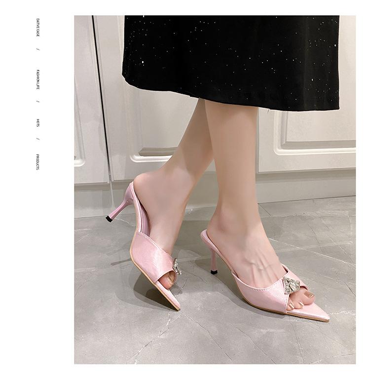 

2025 summer new satin rhinestones with sandals open-toed versatile thin heel outer wear with skirt cool slippers women 35