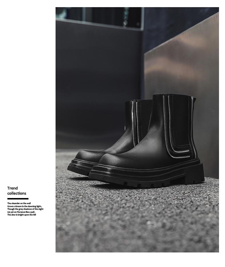 2024 Autumn Men's Fashionable Square-Toe Thick-Soled Zipper Mid-Tube Martin Boots