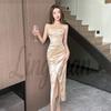 Elegant Satin Long Evening Dress: Socialite Style, Camisole Inner, Waist-Cinching, Slit, Hip-Hugging Skirt