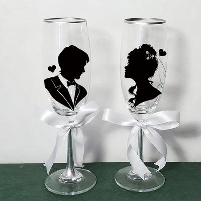 2Pcs Wedding Champagne Glass Stickers, Valentine's Day Glass Decoration Stickers, Featuring Bride And Groom Silhouette Designs, Romantic DIY Party