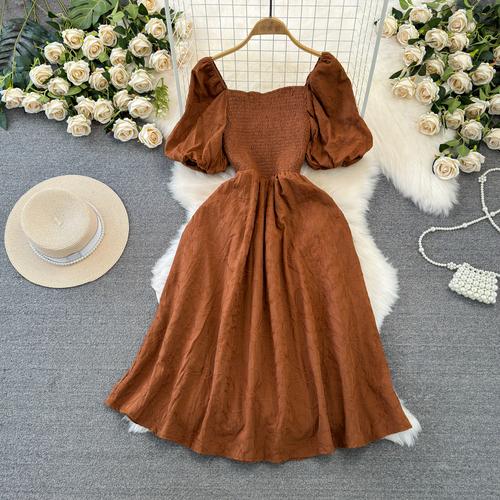 Fashion Dress for Women Square Collar Puff Sleeve A-line Floral Texture Vestido Womens Solid Color Folds Dresses Summer Dropship