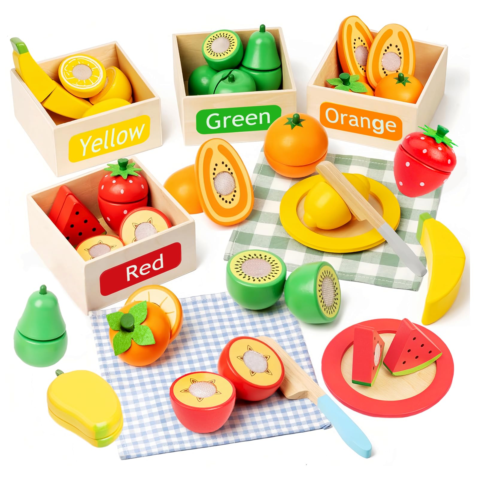 

CARLORBO Деревянный игровой набор для ролевых игр с кухонными игрушками, большой вместимости, игрушка для нарезки фруктов с хранением и обучением, идеально подходит для дошкольников и в качестве подарков на день рождения