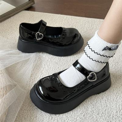 Fashion Black Chunky Platform Lolita Shoes Women New Heart Buckle Small Leather Shoes Student Japanese Style Cosplay JK Uniform Shoes