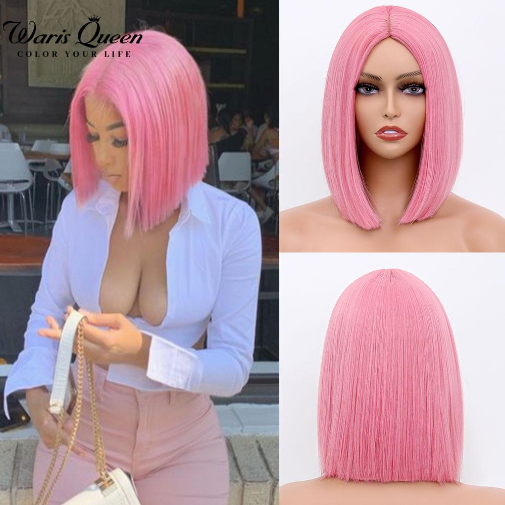 Short Bob Wig With Bangs Synthetic Wigs For Women Straight Ombre Rose Red Pink 12 Inch Heat Resistant Lolita Cosplay Party Hair