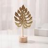 Golden Leaf Sculpture with Wood Base Ornament Ginkgo Palms Leaves Statue Figurine Table Adornment Office Desktop Decor