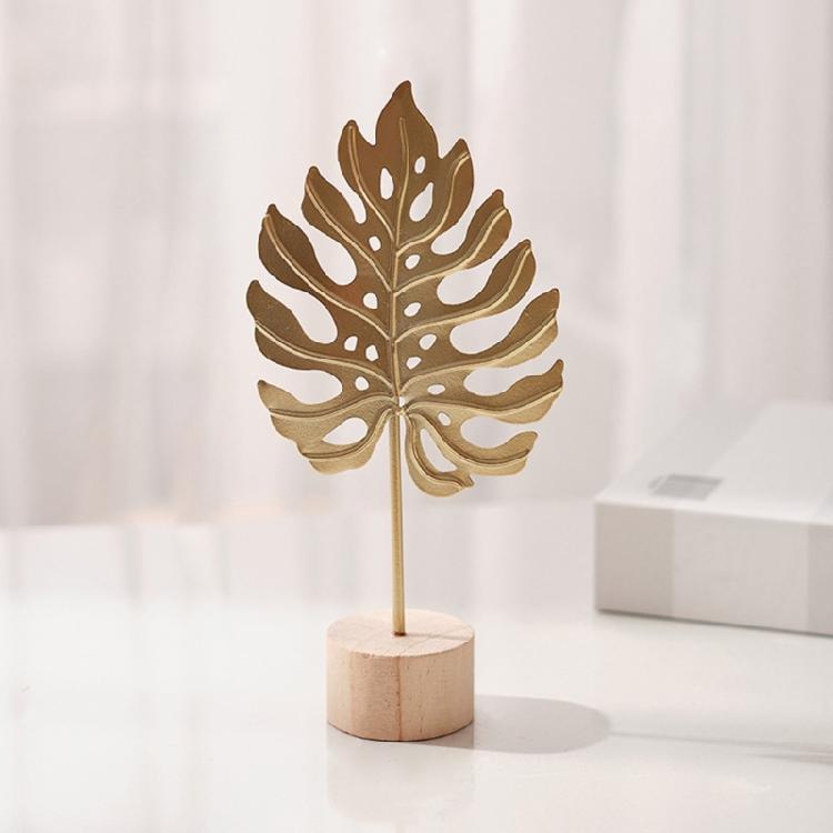 Golden Leaf Sculpture with Wood Base Ornament Ginkgo Palms Leaves Statue Figurine Table Adornment Office Desktop Decor