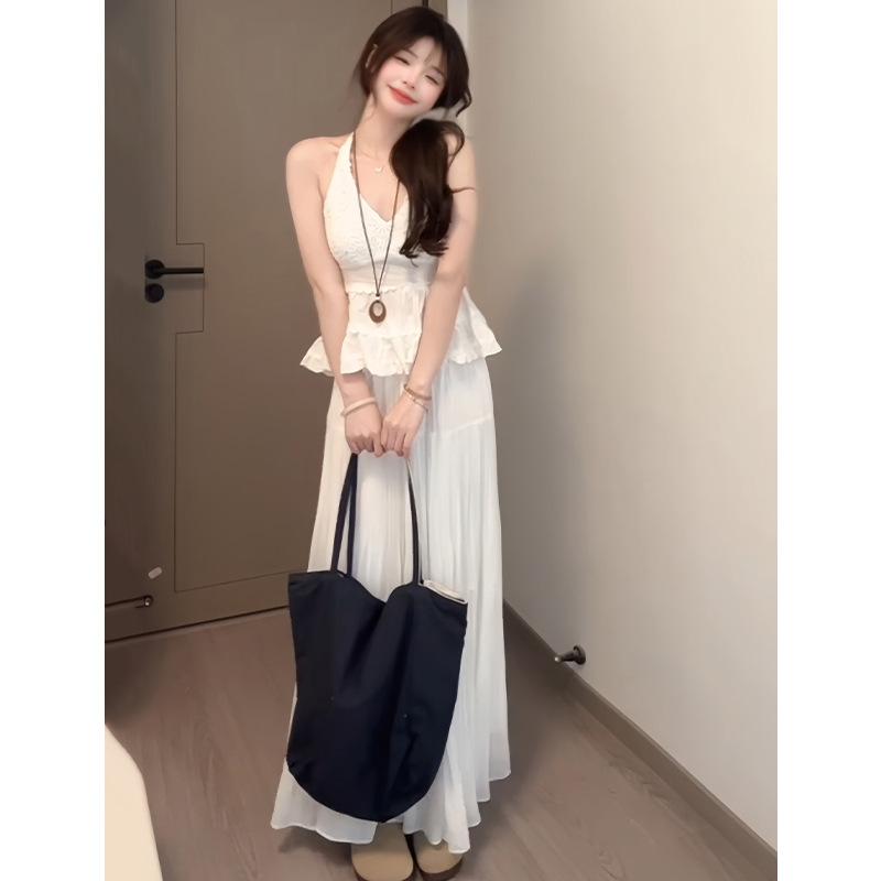 White Fairy Skirt for Women In Summer New High-end Pleated Puffy Skirt Mid-length High-waisted A-line Cake Skirt