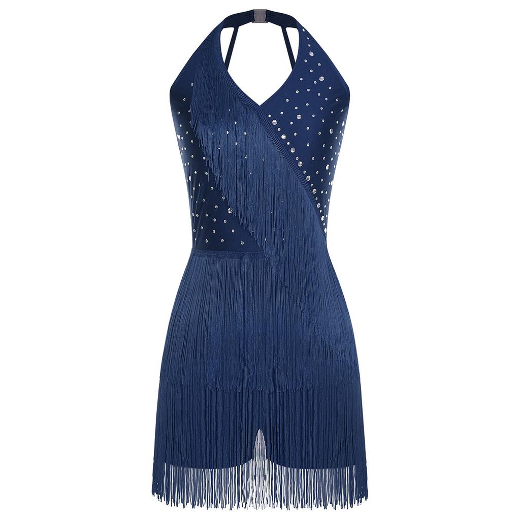 Women Dance Jumpsuit Halter Neck Sleeveless Spark Rhinestones Fringed Strappy Back Latin Dance Costume