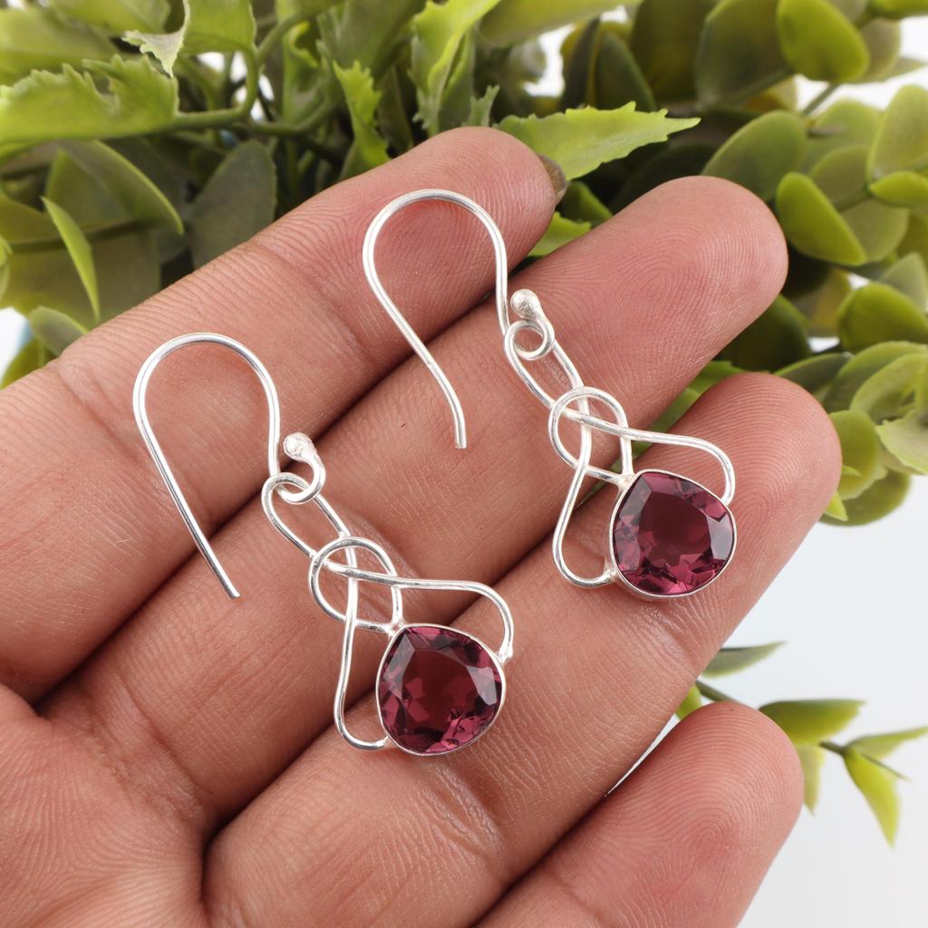 Rhodolith Edelstein Schmuck, Handgefertigter Silberschmuck, 925 Sterling Silber Ohrringe, Wunderschöne Silberohrringe für Hochzeitsgeschenk