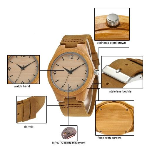 COOFEEL Wooden Watch with Cowhide Leather Strap, Bamboo Wood, for Men and Women, Luxury Brand, Natural Wood Carving (Women's Watch)