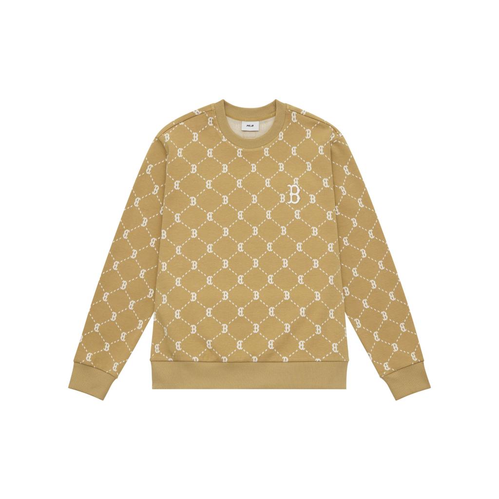 MLB Boston Red Sox Monogram Basic All Over Print Casual Sports Long Sleeve Pullover Crewneck Sweatshirt Unisex sweatshirt Camel 3AMTM1344-43CAS