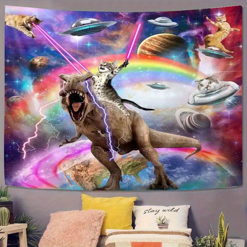 VIKAMA Space Laser Cat Riding Dinosaur Funny Tapestry Rainbow Universe Game Room Decoration Room Decoration Home Decoration