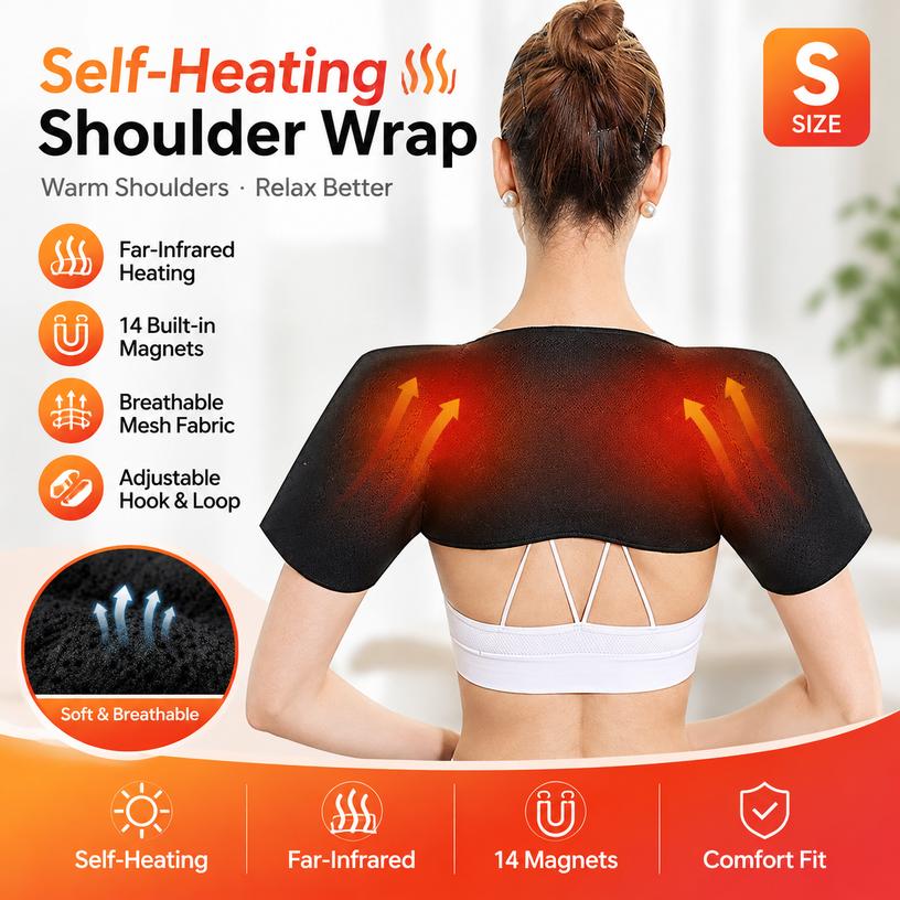 Self-Heating Shoulder Wrap with Far-Infrared Heating and 14 Magnets, Black, S/M/L/XL