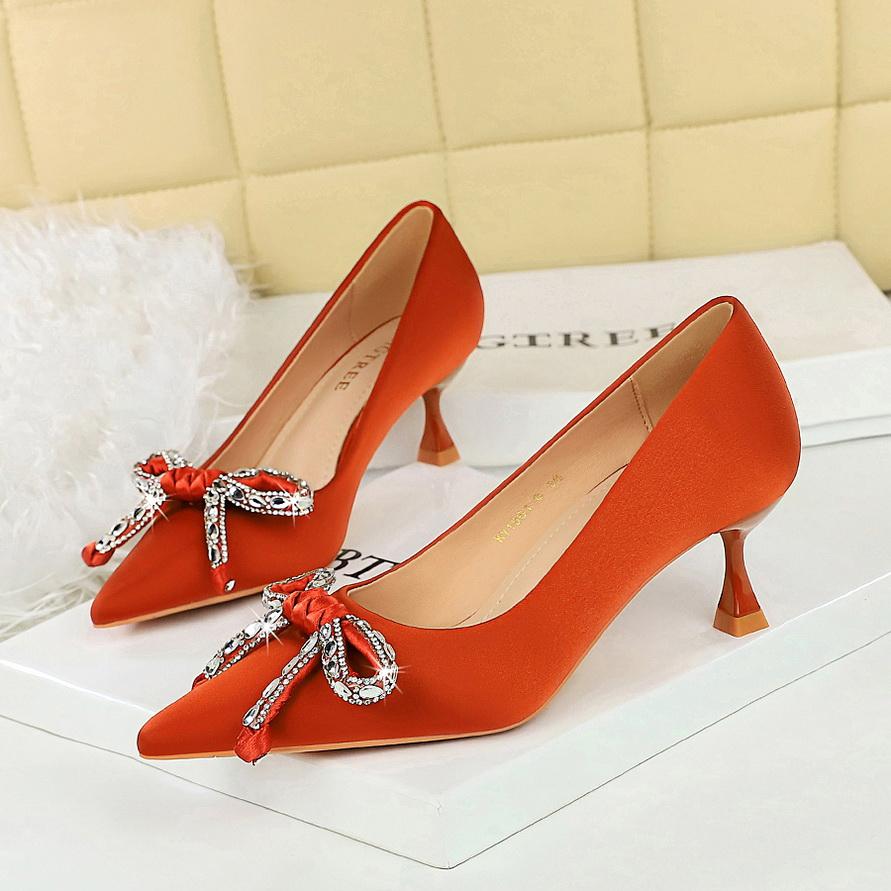 Water Diamond Bow Pointed, Thin Heel, Silk Heel, Single Shoe, Wine Glass Heel, Women's Single Shoe