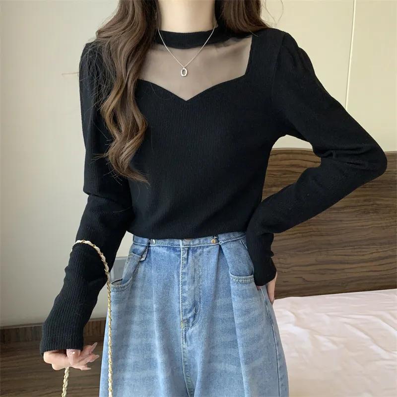 

Женская одежда больших размеров, скрывающая живот, оригинальная блузка, нишевая футболка с длинным рукавом и базовой майкой внутри M чёрный