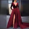 Deep V Long Sleeve Evening Dress for Women with Slit and Large Hem