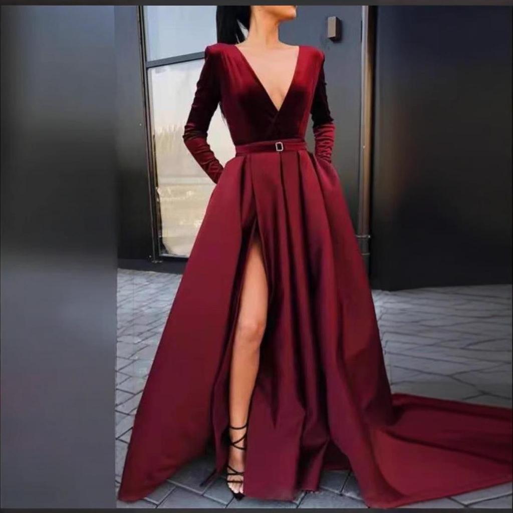 Deep V Long Sleeve Evening Dress for Women with Slit and Large Hem