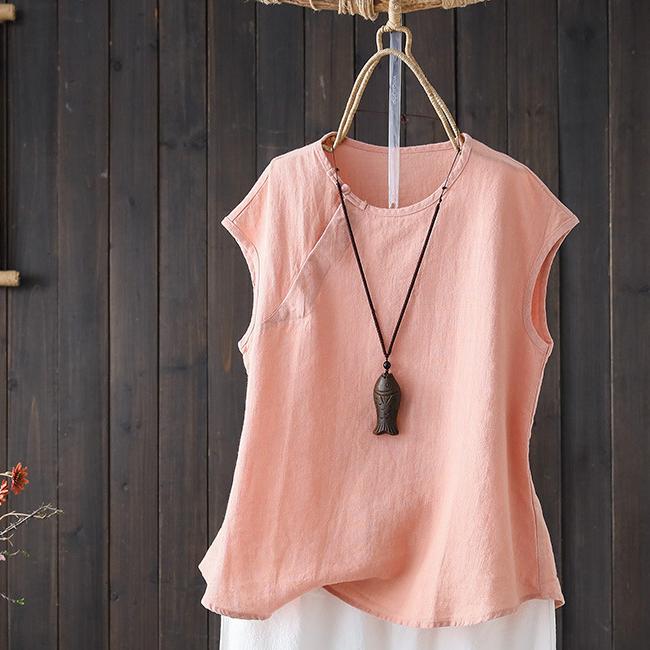 Summer Loose and Slim Round-neck Vest Top Simple Pure Color Cotton and Linen Sleeveless Women’s T-shirts