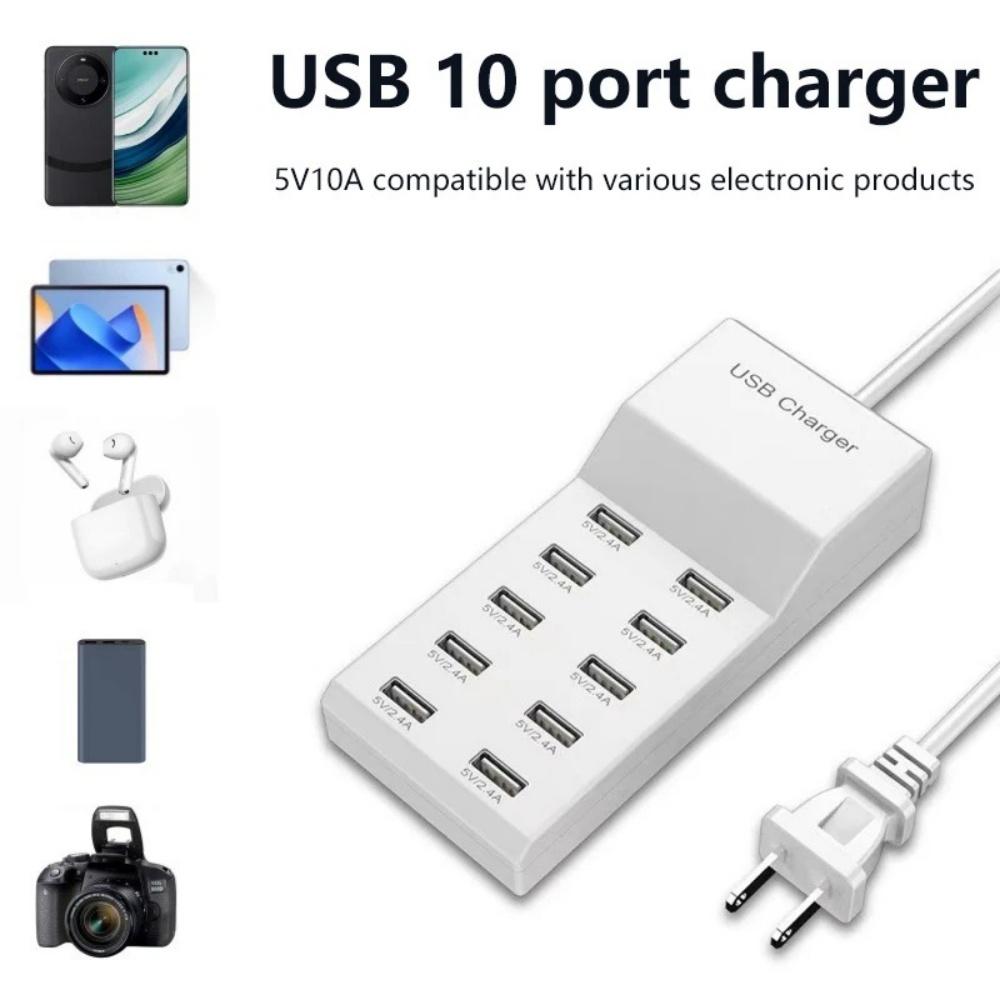 50W Multiport USB-Ladegerät Schnellladung Typ C Hub-Adapter für IPhone Samsung Xiaomi 10-Port USB-Handyladegerät Verlängerungssteckdose