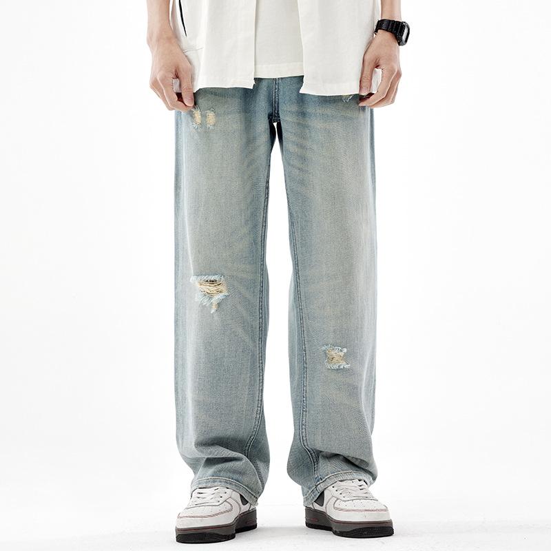 American Retro Wide-leg Pants New Straight Trendy Brand Ripped Holes Fashion Street Trend Loose Jeans Men's Pants